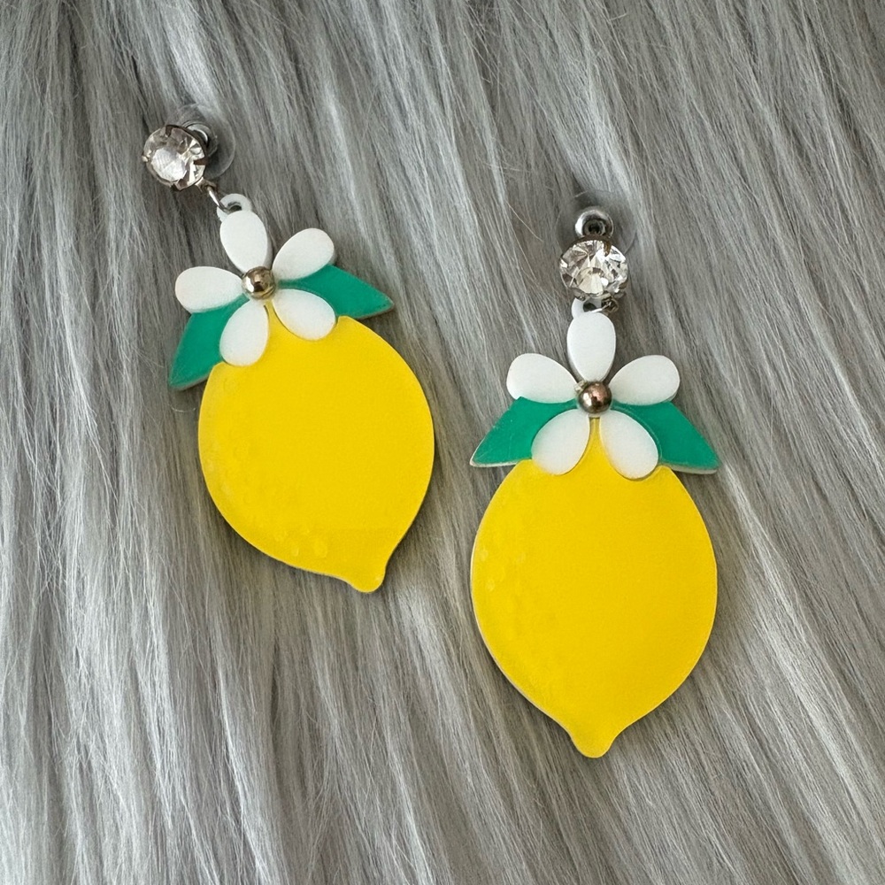 Large Acrylic Plastic Lemon & Flower Earrings